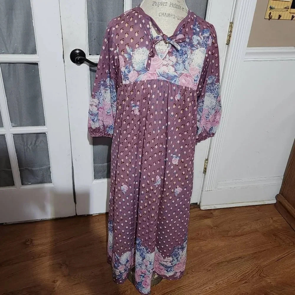 Vintage B Altman & Co Womens Purple Floral Maxi Dress Large